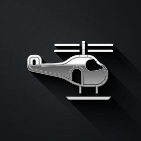Silver Helicopter aircraft vehicle icon isolated on black background. Long shadow style. Vectorのイラスト素材