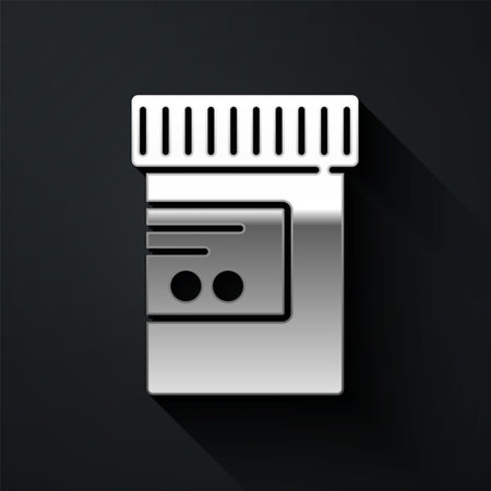 Silver Medicine bottle and pills icon isolated on black background. Bottle pill sign. Pharmacy design. Long shadow style. Vectorのイラスト素材