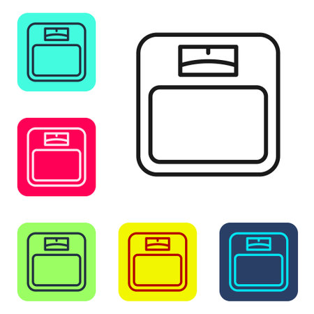 Black line Bathroom scales icon isolated on white background. Weight measure Equipment. Weight Scale fitness sport concept. Set icons in color square buttons. Vectorのイラスト素材