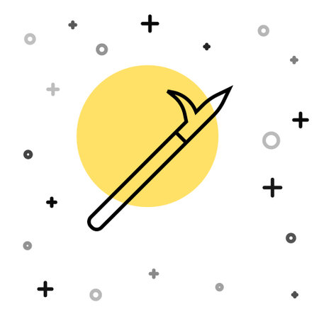 Black line Metal pike pole with wooden handle icon isolated on white background. Spear, pickaxe, hook hand extinguishing instrument and tool for fireman. Random dynamic shapes. Vectorのイラスト素材