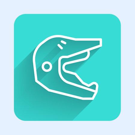 White line Motocross motorcycle helmet icon isolated with long shadow. Green square button. Vector Illustrationのイラスト素材