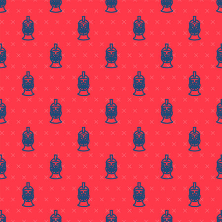 Blue line Medieval iron helmet for head protection icon isolated seamless pattern on red background. Vectorのイラスト素材