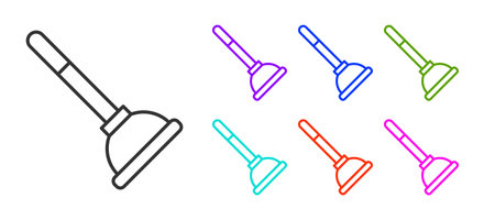 Black line Rubber plunger with wooden handle for pipe cleaning icon isolated on white background. Toilet plunger. Set icons colorful. Vectorのイラスト素材