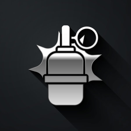 Silver Hand grenade icon isolated on black background. Bomb explosion. Long shadow style. Vectorのイラスト素材