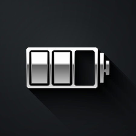 Silver Battery charge level indicator icon isolated on black background. Long shadow style. Vectorのイラスト素材