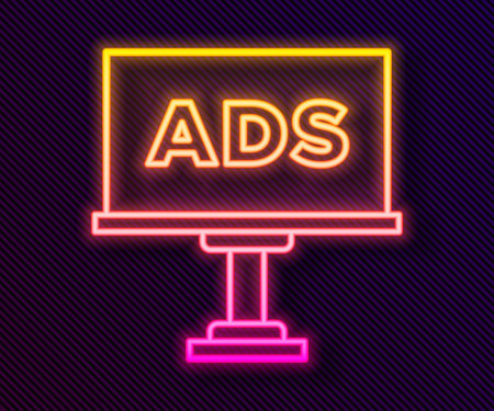 Glowing neon line Advertising icon isolated on black background. Concept of marketing and promotion process. Responsive ads. Social media advertising. Vectorのイラスト素材