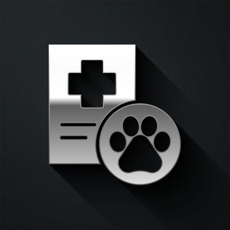 Silver Clipboard with medical clinical record pet icon isolated on black background. Health insurance form. Medical check marks report. Long shadow style. Vectorのイラスト素材