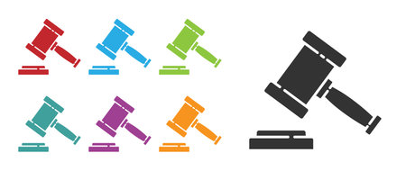 Black Judge gavel icon isolated on white background. Gavel for adjudication of sentences and bills, court, justice. Auction hammer. Set icons colorful. Vectorのイラスト素材