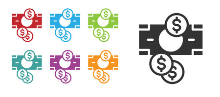 Black Stacks paper money cash and coin money with dollar symbol icon isolated on white background. Money banknotes stacks. Set icons colorful. Vectorのイラスト素材