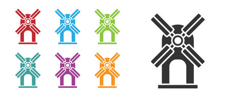 Black Wind turbine icon isolated on white background. Wind generator sign. Windmill for electric power production. Set icons colorful. Vectorのイラスト素材