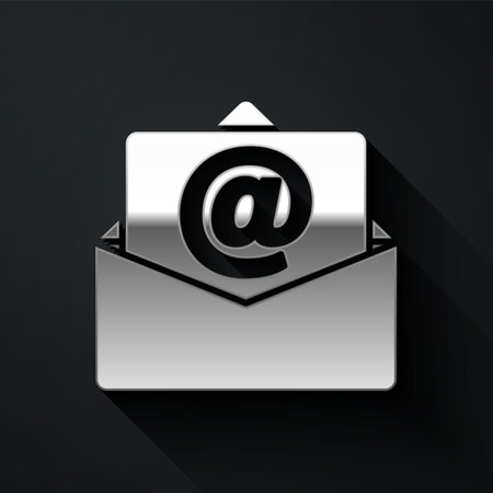 Silver Mail and e-mail icon isolated on black background. Envelope symbol e-mail. Email message sign. Long shadow style. Vectorのイラスト素材