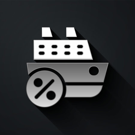 Silver Cruise ship icon isolated on black background. Travel tourism nautical transport. Voyage passenger ship, cruise liner. Worldwide cruise. Long shadow style. Vectorのイラスト素材
