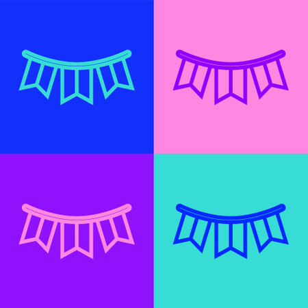 Pop art line Carnival garland with flags icon isolated on color background. Party pennants for birthday celebration, festival decoration. Vectorのイラスト素材