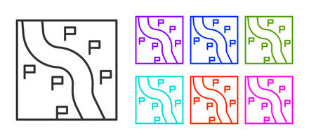 Black line Route location icon isolated on white background. Train line path of train road route with start point GPS and dash line. Set icons colorful. Vectorのイラスト素材