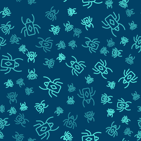 Green line Beetle bug icon isolated seamless pattern on blue background. Vectorのイラスト素材