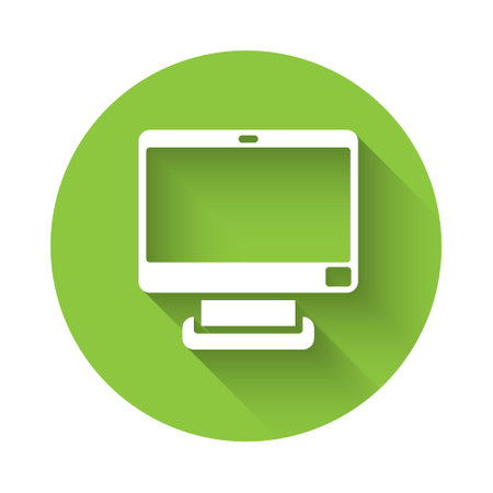 White Computer monitor screen icon isolated with long shadow. Electronic device. Front view. Green circle button. Vectorのイラスト素材