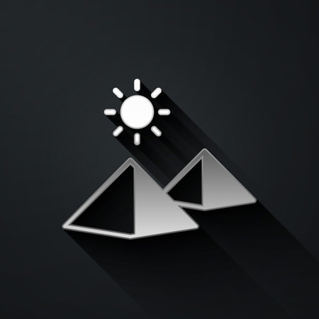 Silver Egypt pyramids icon isolated on black background. Symbol of ancient Egypt. Long shadow style. Vectorのイラスト素材