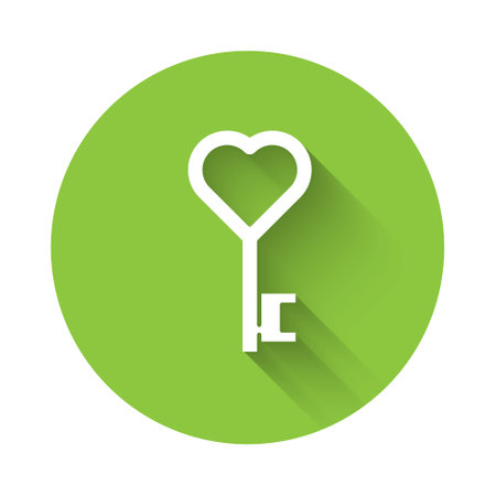 White Key in heart shape icon isolated with long shadow. Valentines day symbol. Green circle button. Vectorのイラスト素材