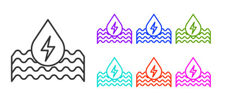 Black line Water energy icon isolated on white background. Ecology concept with water droplet. Alternative energy concept. Set icons colorful. Vectorのイラスト素材