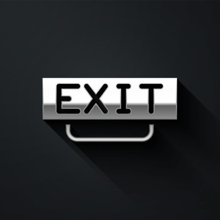 Silver Fire exit icon isolated on black background. Fire emergency icon. Long shadow style. Vectorのイラスト素材
