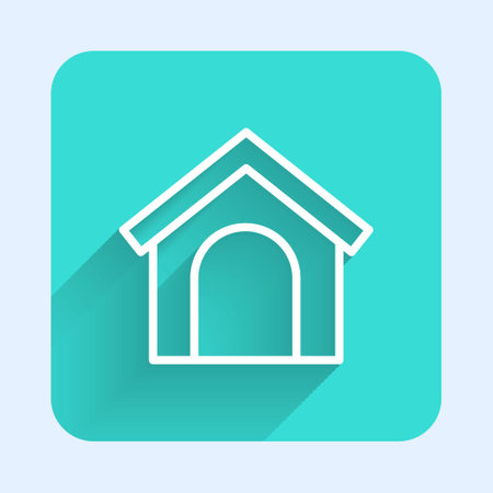 White line Dog house icon isolated with long shadow. Dog kennel. Green square button. Vectorのイラスト素材