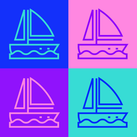 Pop art line Yacht sailboat or sailing ship icon isolated on color background. Sail boat marine cruise travel. Vectorのイラスト素材
