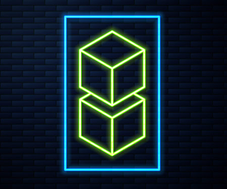 Glowing neon line Blockchain technology icon isolated on brick wall background. Cryptocurrency data. Abstract geometric block chain network technology business. Vectorのイラスト素材