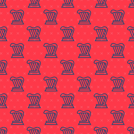 Blue line Harp icon isolated seamless pattern on red background. Classical music instrument, orhestra string acoustic element. Vectorのイラスト素材