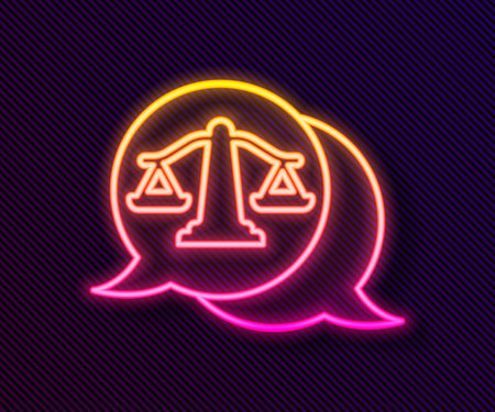 Glowing neon line Scales of justice icon isolated on black background. Court of law symbol. Balance scale sign. Vectorのイラスト素材