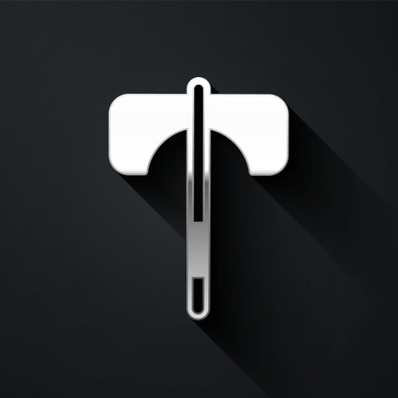 Silver Medieval axe icon isolated on black background. Battle axe, executioner axe. Medieval weapon. Long shadow style. Vectorのイラスト素材