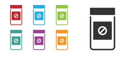 Black Sports doping, anabolic drugs icon isolated on white background. Anabolic steroids tablet. Pills in jar. Set icons colorful. Vectorのイラスト素材