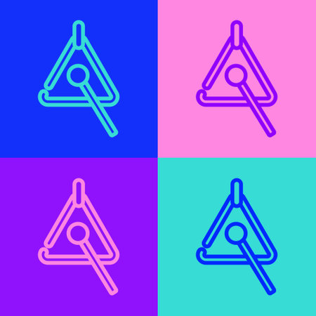 Pop art line Triangle musical instrument icon isolated on color background. Vectorのイラスト素材