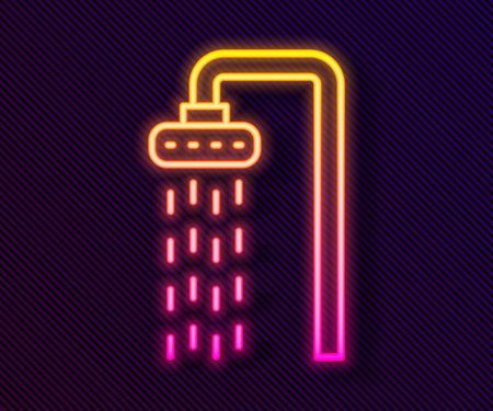 Glowing neon line Shower head with water drops flowing icon isolated on black background. Vectorのイラスト素材