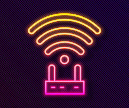 Glowing neon line Router and wifi signal icon isolated on black background. Wireless  modem router. Computer technology internet. Vectorのイラスト素材