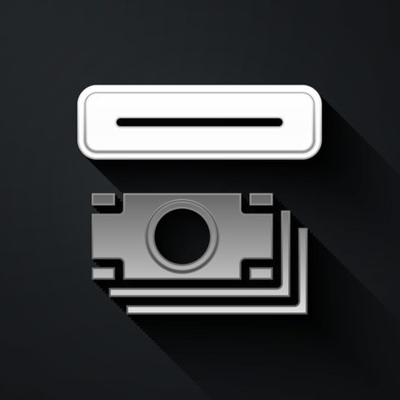 Silver ATM - Automated teller machine and money icon isolated on black background. Long shadow style. Vectorのイラスト素材