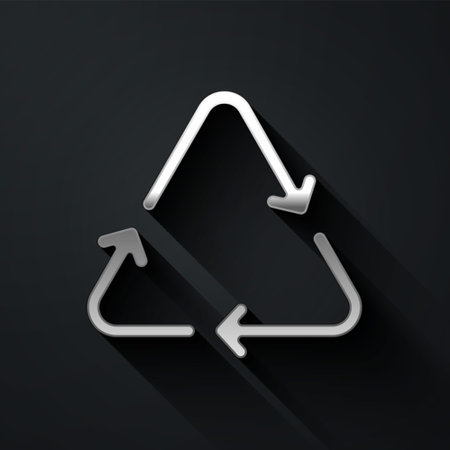 Silver Recycle symbol icon isolated on black background. Circular arrow icon. Environment recyclable go green. Long shadow style. Vectorのイラスト素材