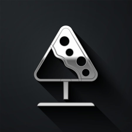 Silver Road sign avalanches icon isolated on black background. Snowslide or snowslip rapid flow of snow down a sloping surface. Long shadow style. Vectorのイラスト素材