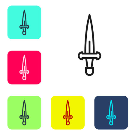 Black line Dagger icon isolated on white background. Knife icon. Sword with sharp blade. Set icons in color square buttons. Vectorのイラスト素材