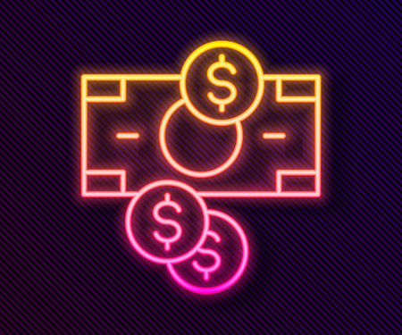 Glowing neon line Stacks paper money cash and coin money with dollar symbol icon isolated on black background. Money banknotes stacks. Vectorのイラスト素材
