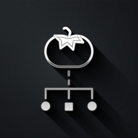 Silver Genetically modified food icon isolated on black background. GMO fruit. Long shadow style. Vectorのイラスト素材