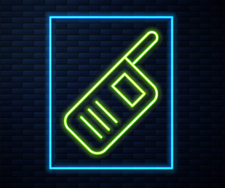 Glowing neon line Walkie talkie icon isolated on brick wall background. Portable radio transmitter icon. Radio transceiver sign. Vectorのイラスト素材
