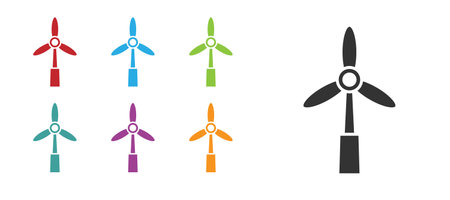 Black Wind turbine icon isolated on white background. Wind generator sign. Windmill for electric power production. Set icons colorful. Vectorのイラスト素材