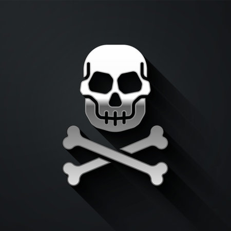 Silver Skull on crossbones icon isolated on black background. Happy Halloween party. Long shadow style. Vectorのイラスト素材