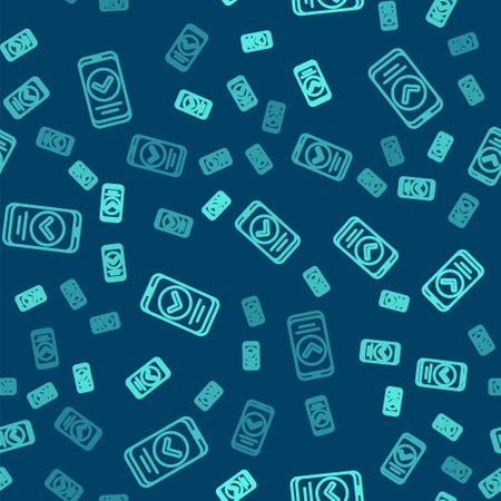 Green line Smartphone, mobile phone icon isolated seamless pattern on blue background. Vectorのイラスト素材