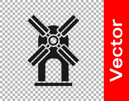Black Wind turbine icon isolated on transparent background. Wind generator sign. Windmill for electric power production. Vectorのイラスト素材