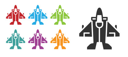 Black Jet fighter icon isolated on white background. Military aircraft. Set icons colorful. Vectorのイラスト素材