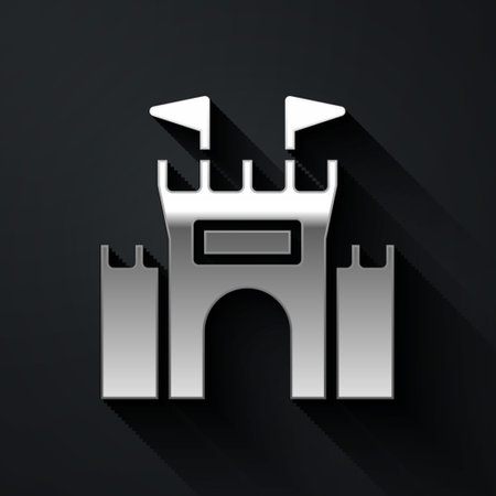 Silver Castle icon isolated on black background. Long shadow style. Vectorのイラスト素材