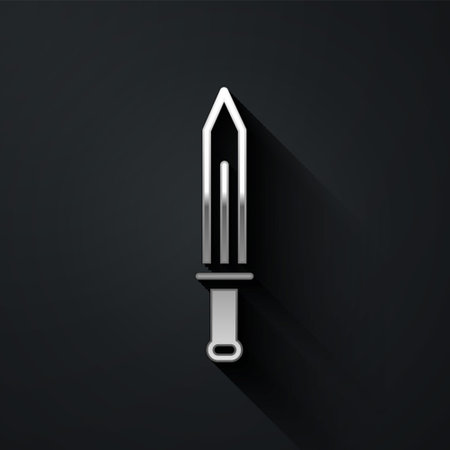 Silver Medieval sword icon isolated on black background. Medieval weapon. Long shadow style. Vectorのイラスト素材