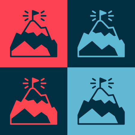 Pop art Mountains with flag on top icon isolated on color background. Symbol of victory or success concept. Goal achievement. Vectorのイラスト素材