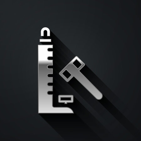 Silver High striker attraction with big hammer icon isolated on black background. Attraction for measuring strength. Amusement park. Long shadow style. Vectorのイラスト素材